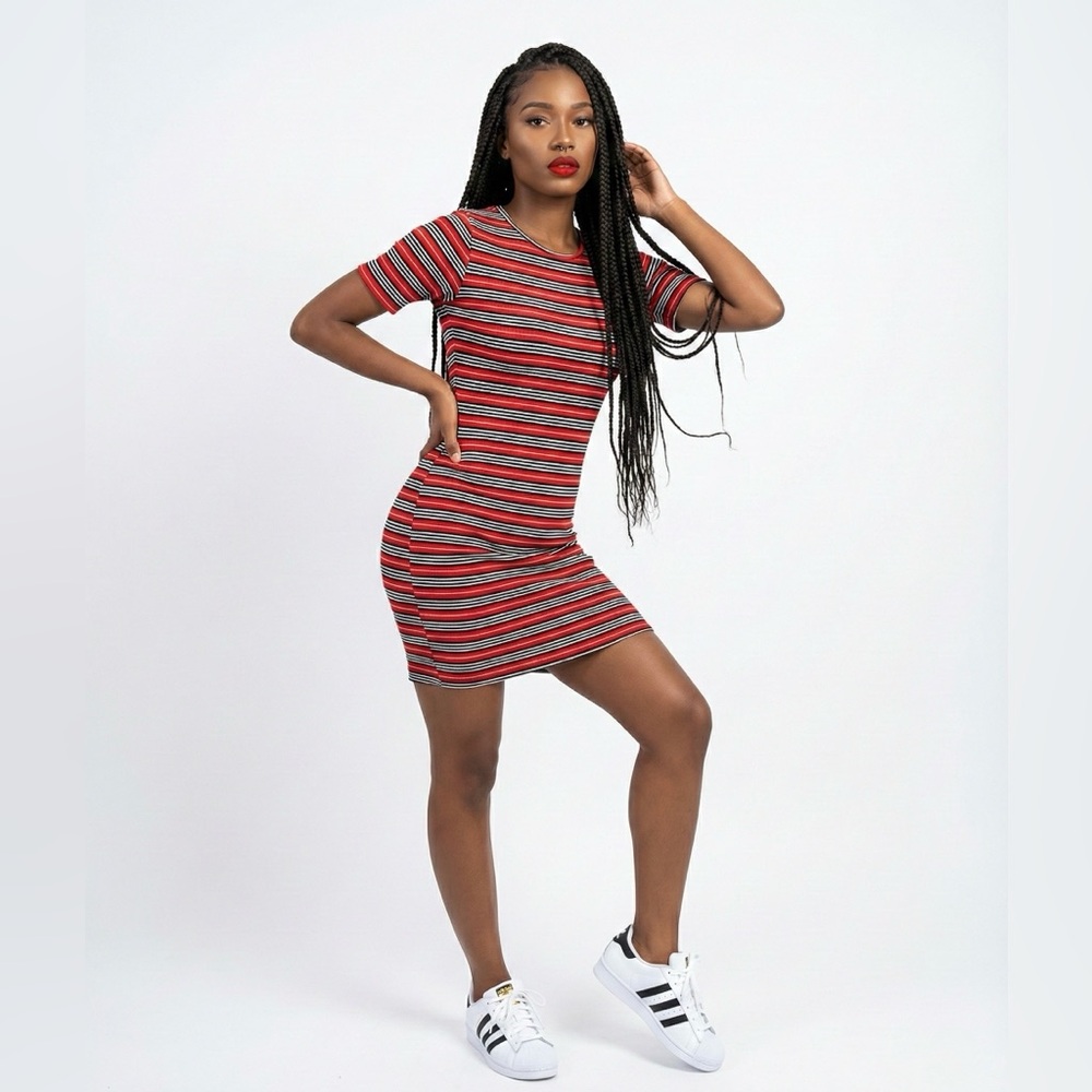 Ribbed Red Black White Striped Bodycon Mini Dress Short Sleeve S/M
